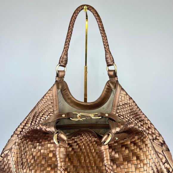 Cole Haan Genevieve Weave Brown Metallic Gold Leather Large Shoulder Bag - Picture 7 of 16
